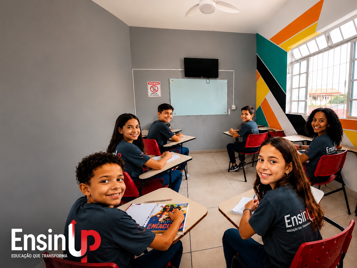 Sala de aula real da EnsinUp com alunos do Inglês Kids